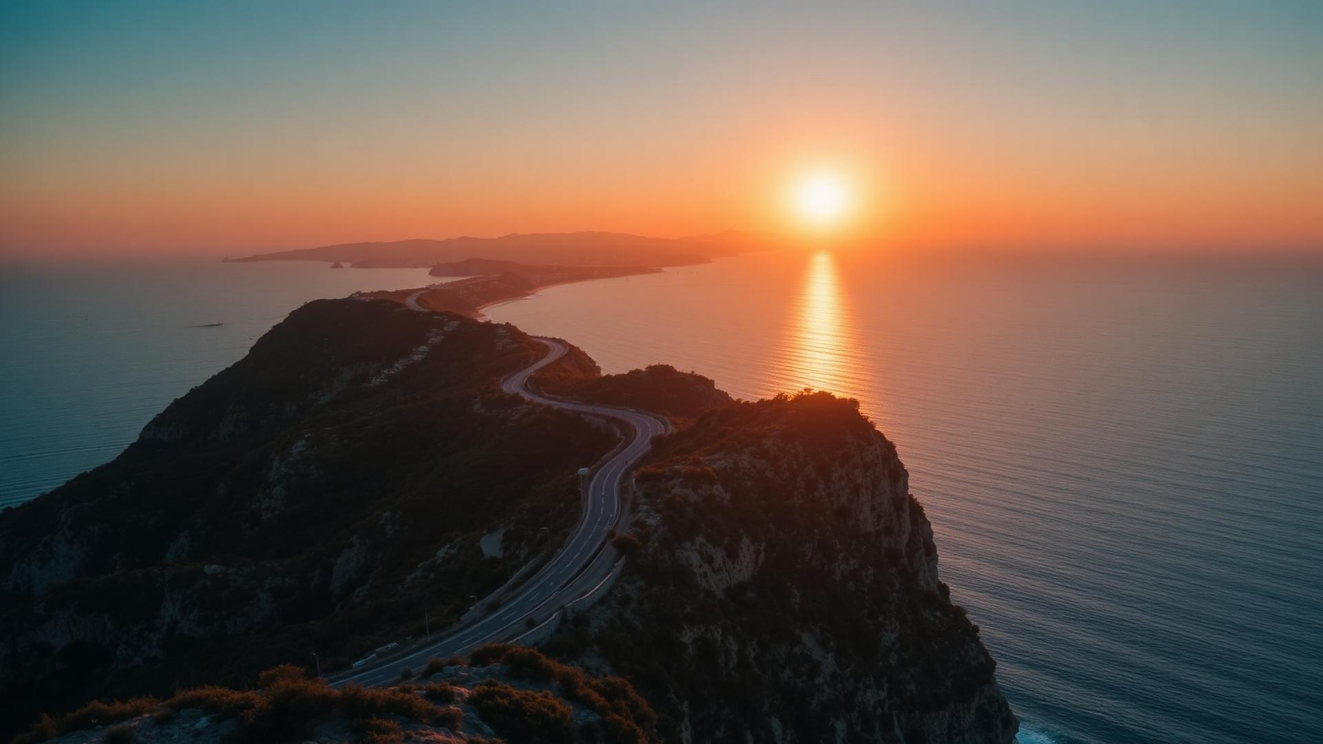 Route côtière de la Côte d'Azur au coucher du soleil